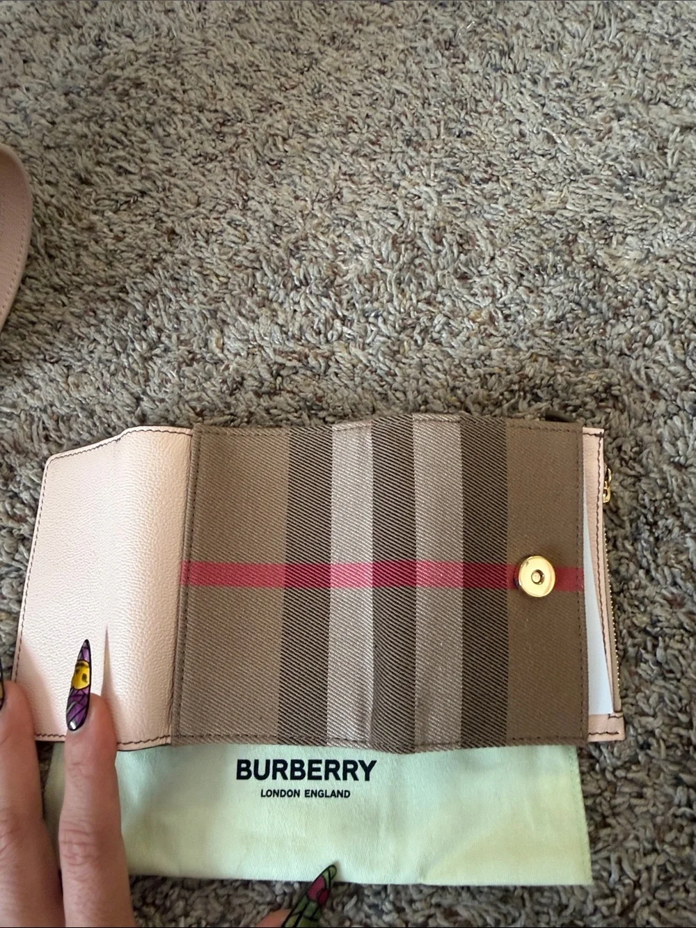 Burberry Pink Leather Trifold Wallet with Vintage Check